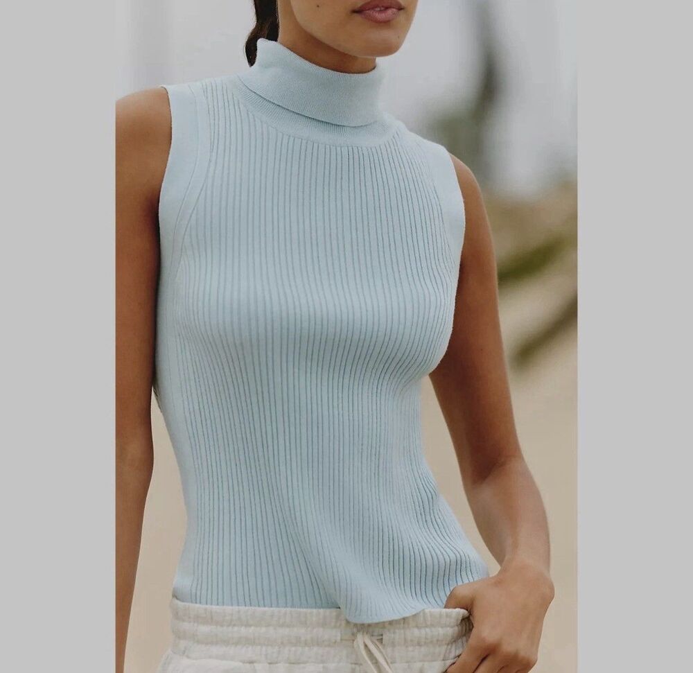 VARLEY Anastasia Rib Knit Mock Neck Tank - Winter Sky (Light Blue) - Large - NWT